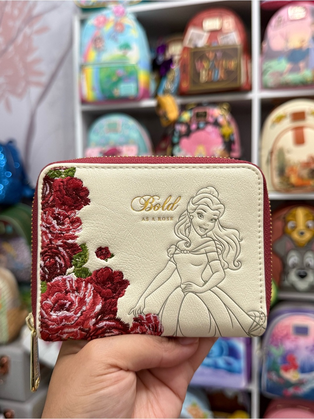 NWOT Disney Princess Belle Embroidered Bold as a Rose Zip Wallet - Cream & Red